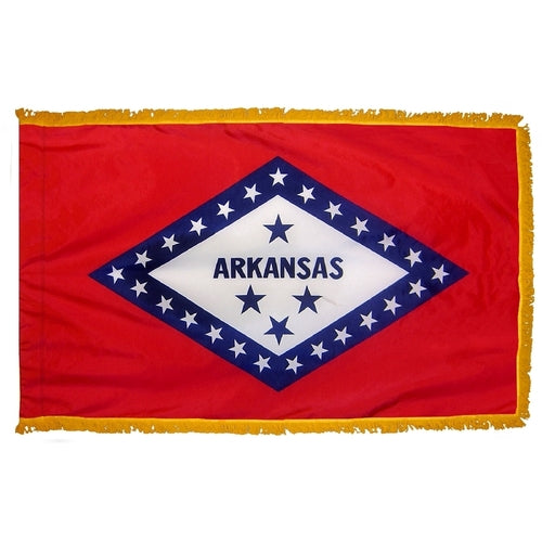 Arkansas flag with fringe. Arkansas flag with gold fringe. Arkansas indoor flag. Arkansas presentation flag. Arkansas parade flag.