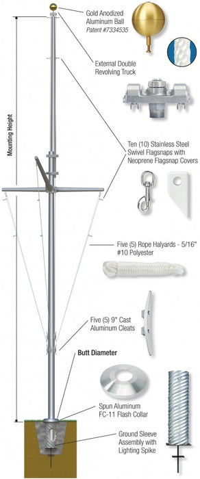 Nautical Aluminum Flagpole w/ Yardarm & Gaff