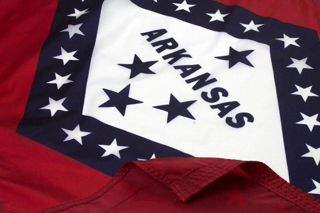 Closeup of Arkansas State Flag Made in USA Outdoor Nylon with Red Field White Diamond and Blue Border