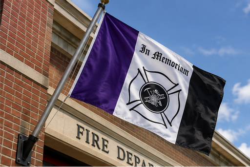 Firefighter In Memoriam Flag on an outrigger flagpole