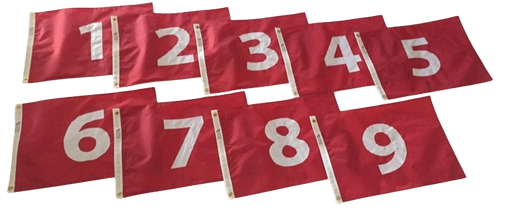 Numbered golf flags 1 through 9 red nylon made in USA