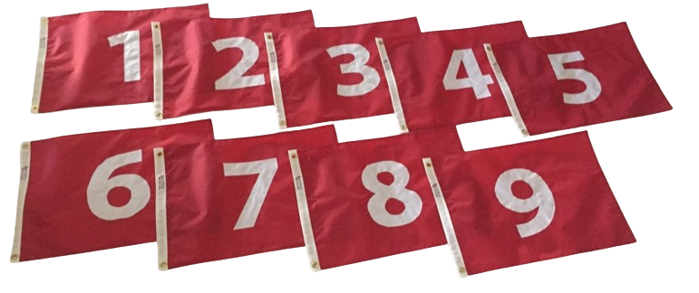 Numbered golf flags 1 through 9 red nylon made in USA