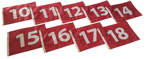 Numbered golf flags 10 through 18 red nylon made in USA