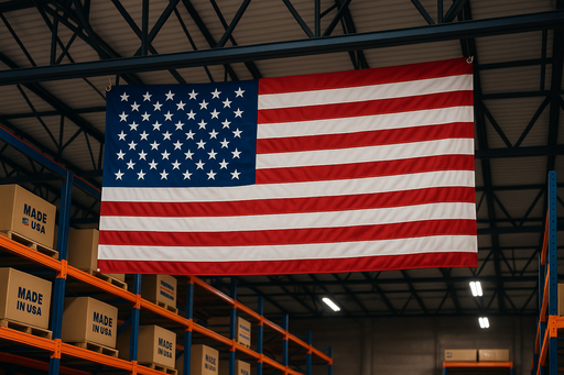 Double sided american flag hanging in a warehouse for viewing