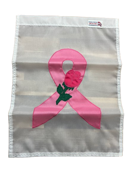 Breast Cancer Awareness Garden Flag with a white background, pink ribbon and rose.