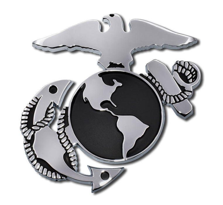 Marine car emblem with eagle, globe, and anchor design on a white background