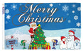 Christmas-themed banner with Santa Claus, snowmen, and a tree on a blue background with snowflakes.