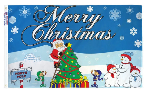Christmas-themed banner with Santa Claus, snowmen, and a tree on a blue background with snowflakes.