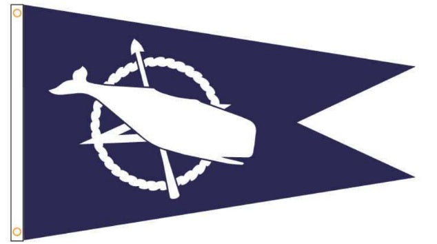 Nanctucket Burgee for sale with a navy blue background and white whale logo