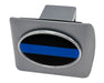 Metallic hitch cover with thin blue line design on a white background