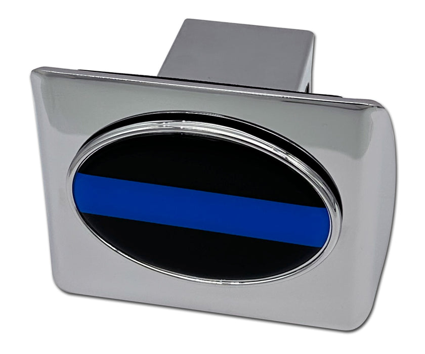 chrome hitch cover with thin blue line emblem on the front