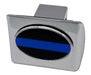 chrome hitch cover with thin blue line emblem on the front