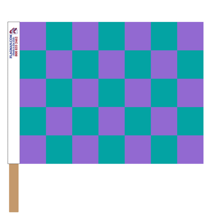 Checkered flag with teal and purple squares on a white background. Suicide prevention checker flag.