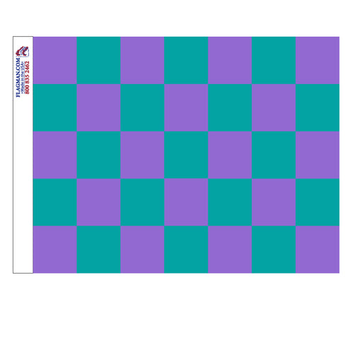 Checkered flag with teal and purple squares on a white background. Suicide prevention checker flag.
