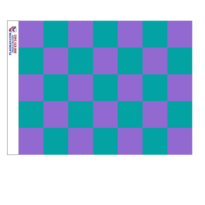 Checkered flag with teal and purple squares on a white background. Suicide prevention checker flag.
