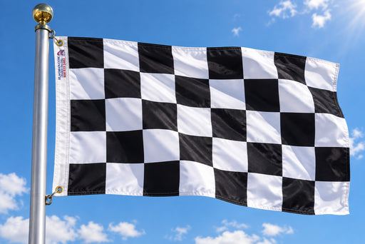 Black and white checkered racing flag with brass grommets