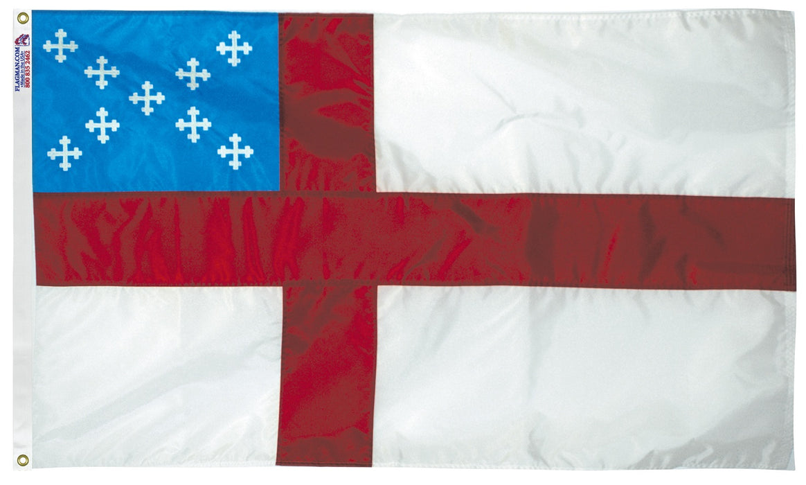 Sewn Episcopal Church flag with red cross and blue canton, made in USA