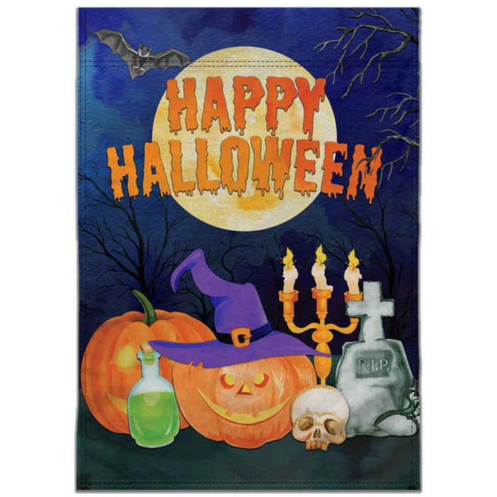 Halloween-themed decorative flag with pumpkins, full moon, and tombstone.