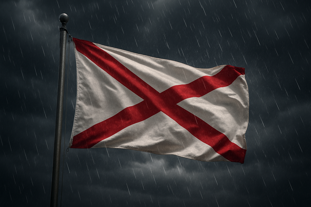 Realistic alabama flag flying on a flagpole in rainy/windy conditions showing the flag material is strong