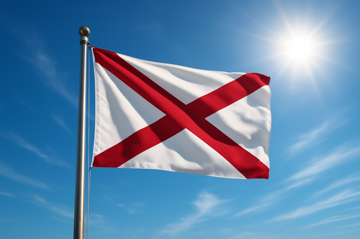 Realistic Alabama flag flying on a flagpole with sunny blue skies in the background