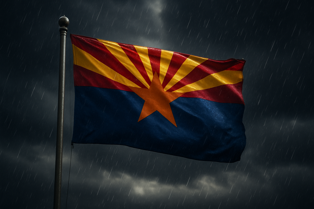 Realistic Arizona flag flying on a flagpole in rainy/windy conditions showing the flag material is strong