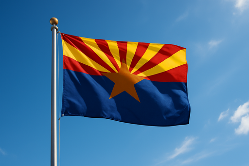 Realistic arizona flag flying on a flagpole with blue / sunny skies behind it
