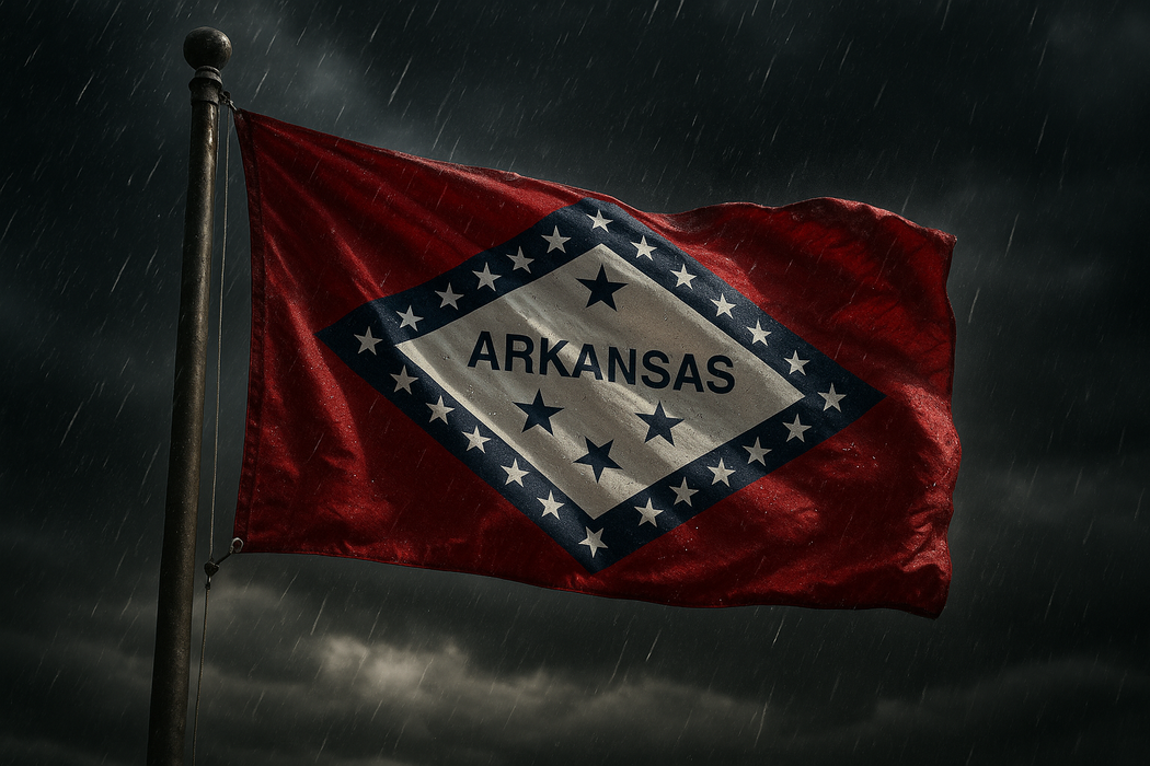 Realistic Arkansas flag flying on a flagpole in rainy/windy conditions showing the flag material is strong
