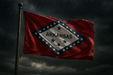 Realistic Arkansas flag flying on a flagpole in rainy/windy conditions showing the flag material is strong