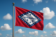 Realistic Arkansas flag flying on a flagpole with blue/sunny skies behind it