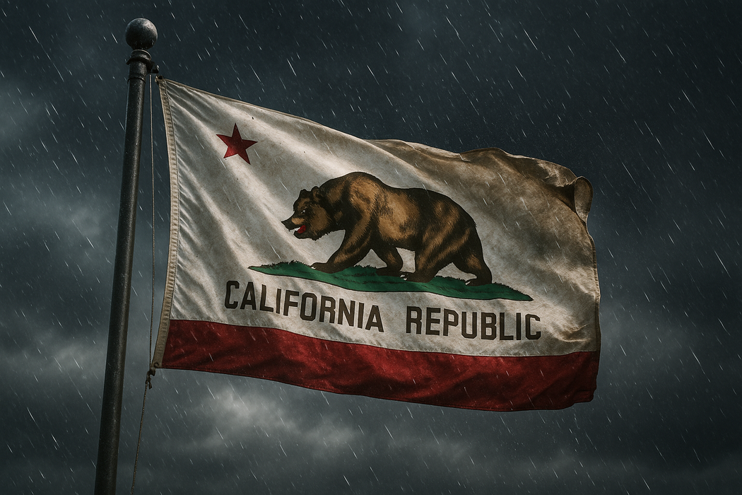 Realistic California flag flying on a flagpole in rainy/windy conditions showing the flag material is strong