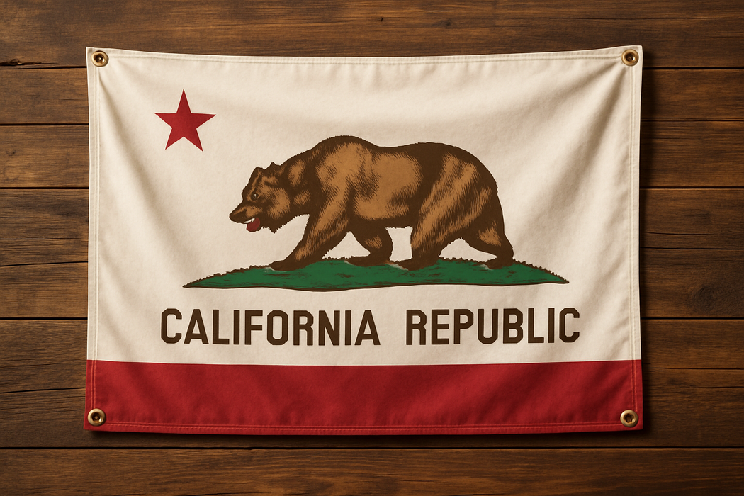 Realistic California flag with brass grommets in all 4 corners mounted to a wood wall