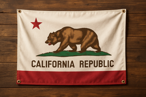 Realistic California flag with brass grommets in all 4 corners mounted to a wood wall
