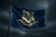Realistic Connecticut flag flying on a flagpole in rainy/windy conditions showing the flag material is strong