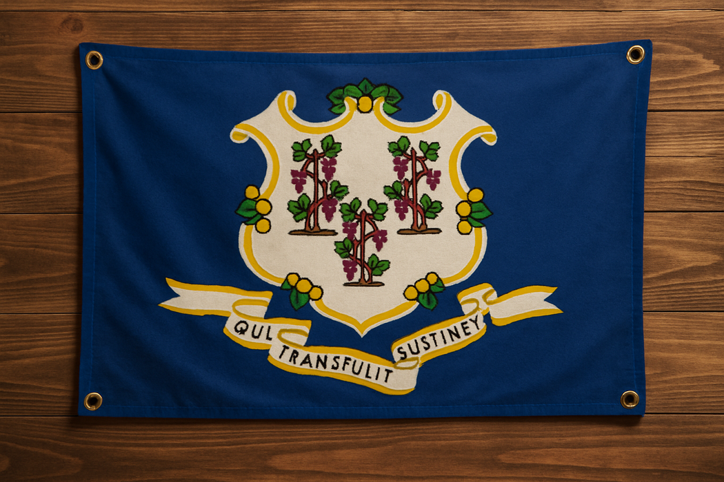 Realistic Connecticut flag with brass grommets in all 4 corners mounted to a wood wall