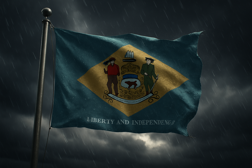Realistic Delaware flag flying on a flagpole in rainy/windy conditions showing the flag material is strong