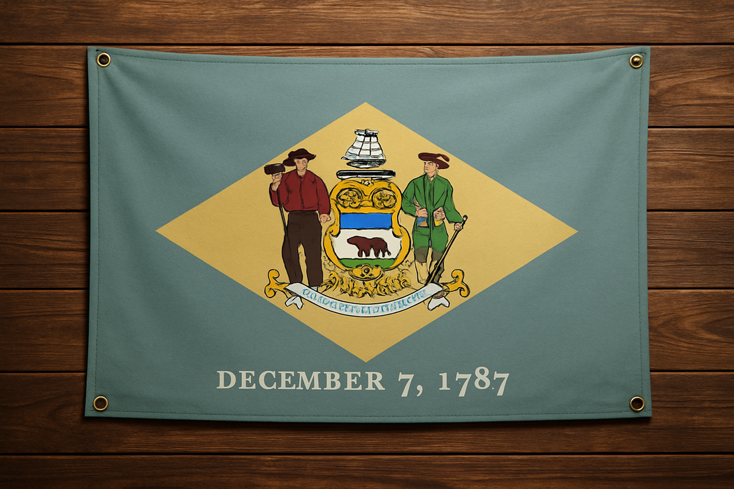 Realistic Delaware flag with brass grommets in all 4 corners mounted on a wood wall