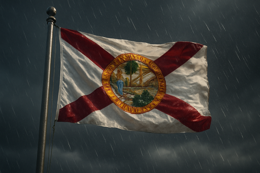 Realistic Florida flag flying on a flagpole in rainy/windy conditions showing the flag material is strong. While still having the flag being visible