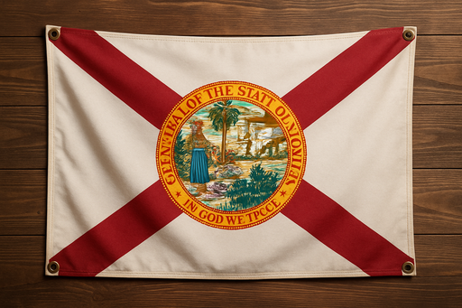 Realistic Florida flag with brass grommets in all 4 corners mounted on a wood wall