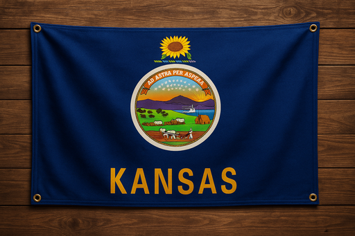 Realistic Kansas flag with brass grommets in all 4 corners mounted to a wood wall