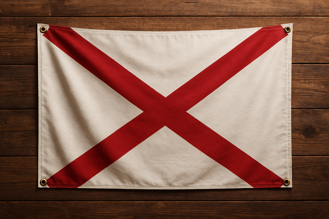 Realistic looking alabama flag with brass grommets in all 4 corners mounted to a wood wall