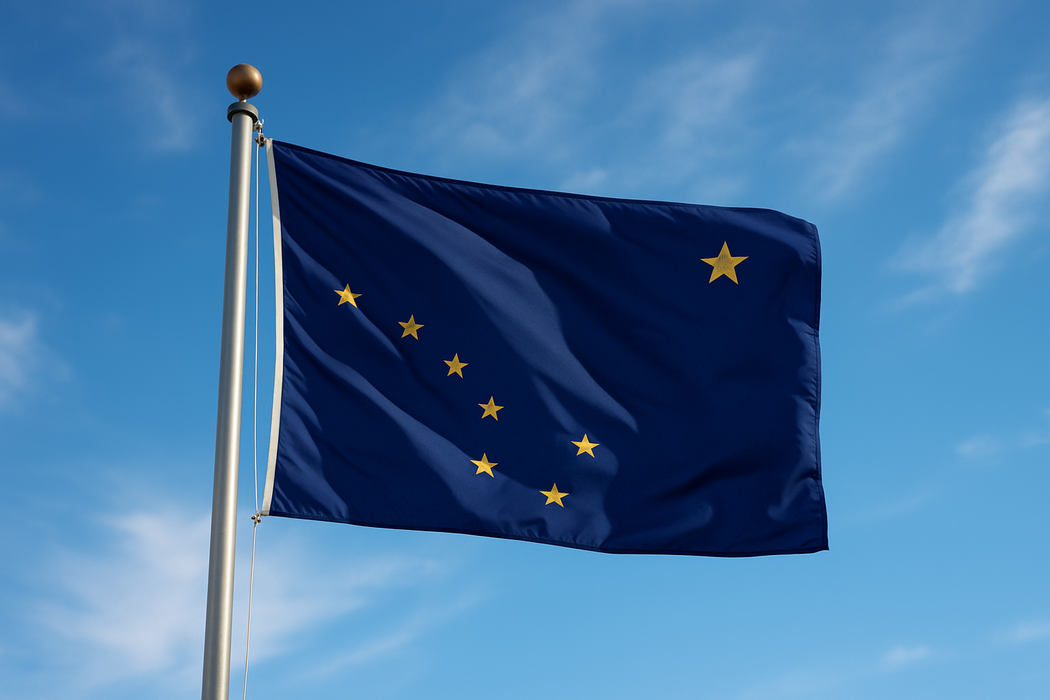 Realistic looking Alaska Nylon flag flying on a flagpole with blue, sunny skies in the background