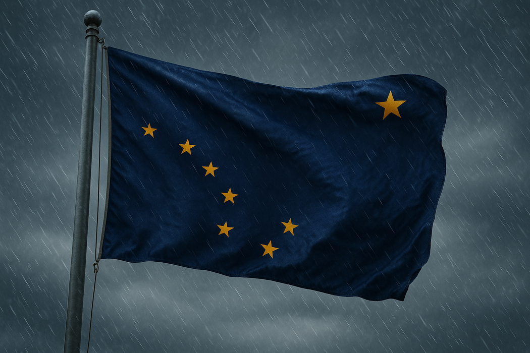 Realistic looking Alaska Polyester flag flying on a flagpole in windy / rainy conditions to show the flag is a strong material