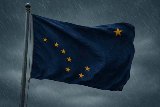 Realistic looking Alaska Polyester flag flying on a flagpole in windy / rainy conditions to show the flag is a strong material