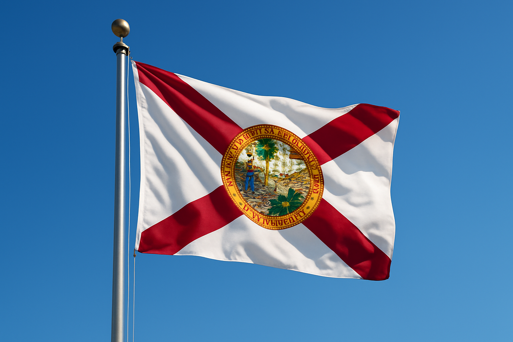 Realistic looking florida flag flying on a flagpole with clear blue sunny skies behind it