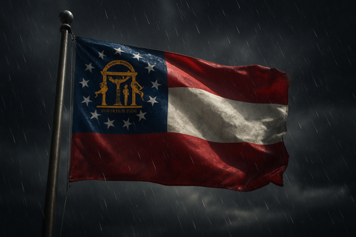 Realistic looking Georgia (state) Flag flying on a flagpole in rainy/windy conditions to show the flag material is strong while still keeping the flag visible