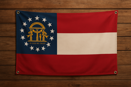 Realistic looking Georgia (state) flag with brass grommets in all 4 corners mounted on a wood wall