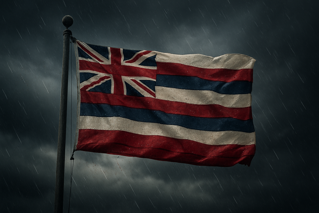 Realistic looking Hawaii flag flying on a flagpole in rainy/windy conditions to show the flag material is strong while keeping the flag visible 