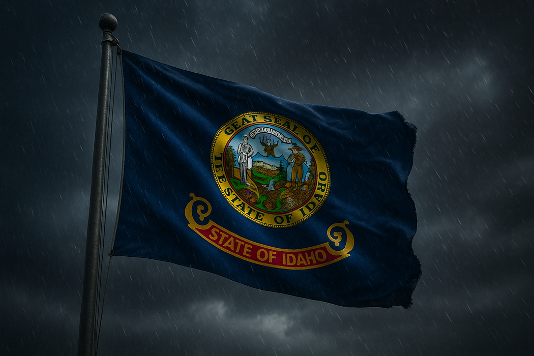 Realistic looking Idaho flag flying on a flagpole in rainy/windy conditions showing the flag material is strong while keeping the flag visible