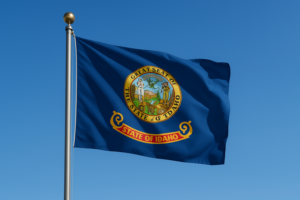 Realistic looking Idaho flag flying on a flagpole with clear blue, sunny skies behind it