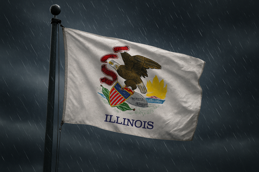 Realistic looking Illinois flag flying on a flagpole in rainy/windy conditions showing the flag material is strong while still keeping the flag visible 